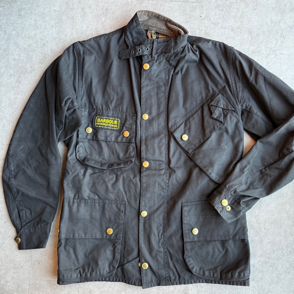 Barbour International Original Waxed Jacket, size 38, black/brass